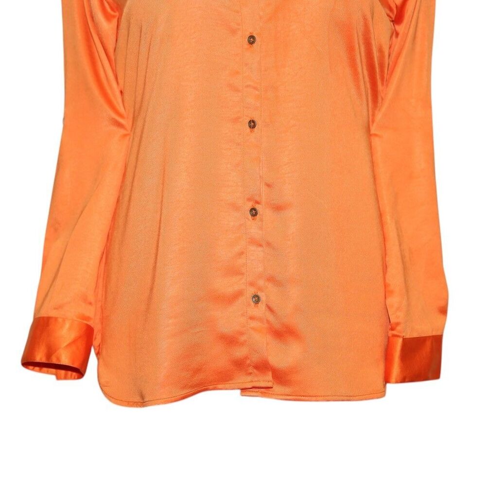 Womens Silky Satin Shirt Orange Blouse Button Up Casual Dressy Top Medium Work - Picture 5 of 7
